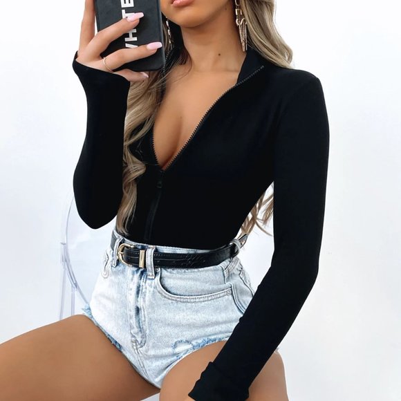 Take A Walk Long Sleeve Ribbed Bodysuit Black - Picture 1 of 4